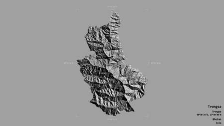 Area of Trongsa, district of Bhutan, isolated on a solid background in a georeferenced bounding box. Labels. Bilevel elevation map. 3D renderingの写真素材