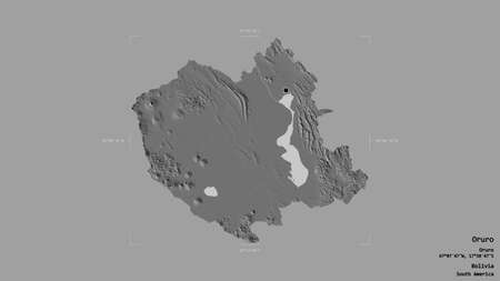 Area of Oruro, department of Bolivia, isolated on a solid background in a georeferenced bounding box. Labels. Bilevel elevation map. 3D renderingの写真素材