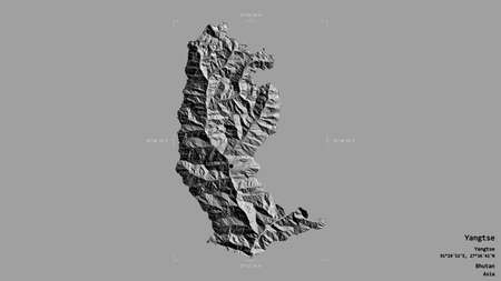 Area of Yangtse, district of Bhutan, isolated on a solid background in a georeferenced bounding box. Labels. Bilevel elevation map. 3D renderingの写真素材