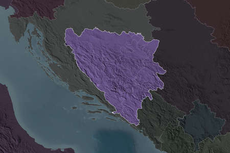 Shape of Bosnia and Herzegovina separated by the desaturation of neighboring areas. Borders. Colored elevation map. 3D renderingの写真素材