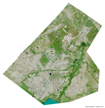 Shape of Gaborone, city of Botswana, with its capital isolated on white background. Satellite...