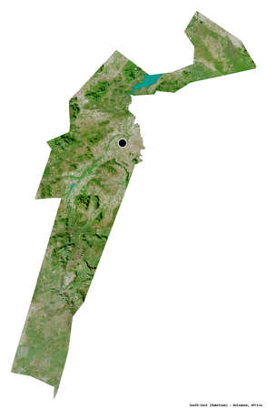 Shape of South-East, district of Botswana, with its capital isolated on white background. Satellite imagery. 3D renderingの写真素材
