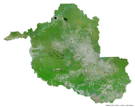 Shape of RondÃ´nia, state of Brazil, with its capital isolated on white background. Satellite imagery. 3D renderingの写真素材