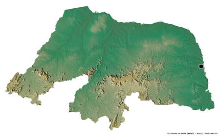 Shape of Rio Grande do Norte, state of Brazil, with its capital isolated on white background. Topographic relief map. 3D renderingの写真素材