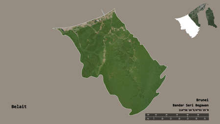 Shape of Belait, district of Brunei, with its capital isolated on solid background. Distance scale,...