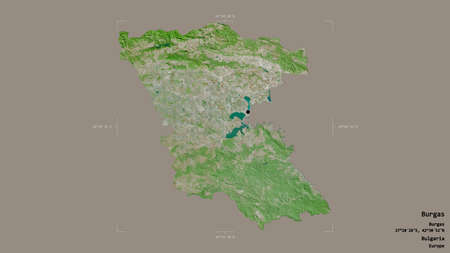 Area of Burgas, province of Bulgaria, isolated on a solid background in a georeferenced bounding...