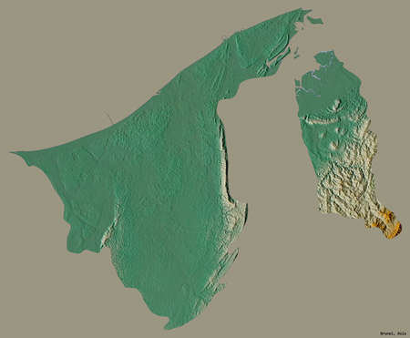 Shape of Brunei with its capital isolated on a solid color background. Topographic relief map. 3D renderingの写真素材