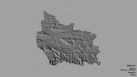 Area of Gabrovo, province of Bulgaria, isolated on a solid background in a georeferenced bounding box. Labels. Bilevel elevation map. 3D renderingの写真素材