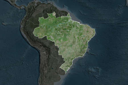 Shape of Brazil separated by the desaturation of neighboring areas. Borders. Satellite imagery. 3D...