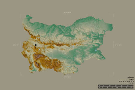 Area of Bulgaria isolated on a solid background in a georeferenced bounding box. Main regional...