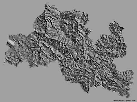 Shape of Smolyan, province of Bulgaria, with its capital isolated on a solid color background. Bilevel elevation map. 3D renderingの写真素材