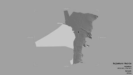 Area of Bujumbura Mairie, province of Burundi, isolated on a solid background in a georeferenced bounding box. Labels. Bilevel elevation map. 3D renderingの写真素材