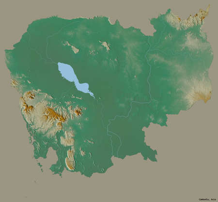 Shape of Cambodia with its capital isolated on a solid color background. Topographic relief map. 3D...