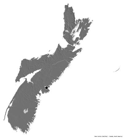 Shape of Nova Scotia, province of Canada, with its capital isolated on white background. Bilevel elevation map. 3D renderingの写真素材