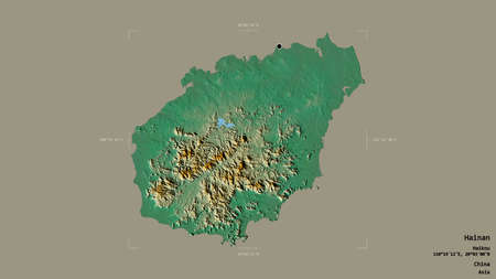 Area of Hainan, province of China, isolated on a solid background in a georeferenced bounding box. Labels. Topographic relief map. 3D renderingの写真素材