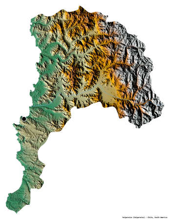 Shape of ValparaÃ­so, region of Chile, with its capital isolated on white background. Topographic relief map. 3D renderingの写真素材