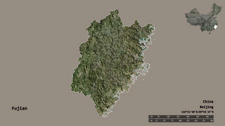 Shape of Fujian, province of China, with its capital isolated on solid background. Distance scale,...