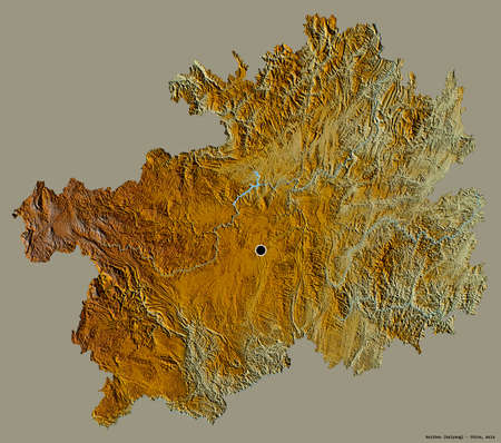 Shape of Guizhou, province of China, with its capital isolated on a solid color background. Topographic relief map. 3D renderingの写真素材