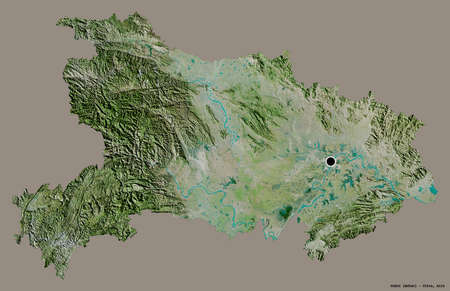 Shape of Hubei, province of China, with its capital isolated on a solid color background. Satellite imagery. 3D renderingの写真素材