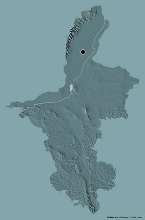 Shape of Ningxia Hui, autonomous region of China, with its capital isolated on a solid color background. Colored elevation map. 3D renderingの写真素材