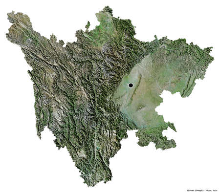 Shape of Sichuan, province of China, with its capital isolated on white background. Satellite imagery. 3D renderingの写真素材