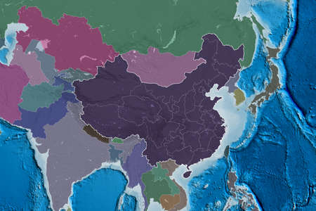 Extended area of China with country outline, international and regional borders. Colored elevation map. 3D renderingの写真素材