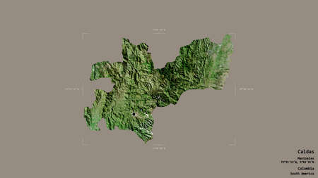 Area of Caldas, department of Colombia, isolated on a solid background in a georeferenced bounding box. Labels. Satellite imagery. 3D renderingの写真素材