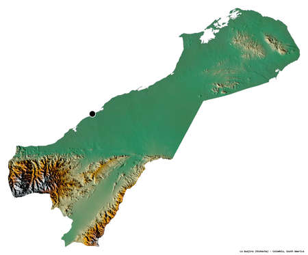 Shape of La Guajira, department of Colombia, with its capital isolated on white background. Topographic relief map. 3D renderingの写真素材