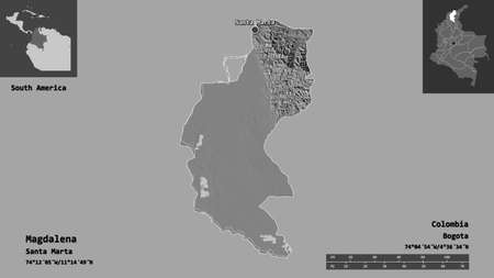 Shape of Magdalena, department of Colombia, and its capital. Distance scale, previews and labels. Bilevel elevation map. 3D renderingの写真素材