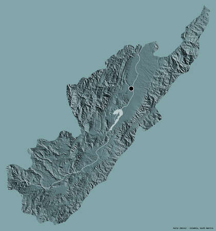 Shape of Huila, department of Colombia, with its capital isolated on a solid color background....