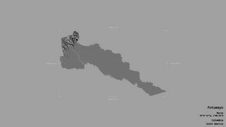 Area of Putumayo, intendancy of Colombia, isolated on a solid background in a georeferenced bounding box. Labels. Bilevel elevation map. 3D renderingの写真素材