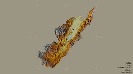 Area of Huila, department of Colombia, isolated on a solid background in a georeferenced bounding box. Labels. Topographic relief map. 3D renderingの写真素材