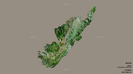 Area of Huila, department of Colombia, isolated on a solid background in a georeferenced bounding box. Labels. Satellite imagery. 3D renderingの写真素材