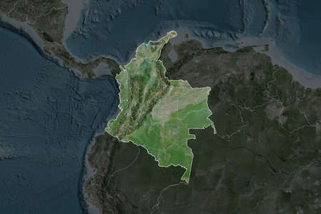 Shape of Colombia separated by the desaturation of neighboring areas. Borders. Satellite imagery. 3D...