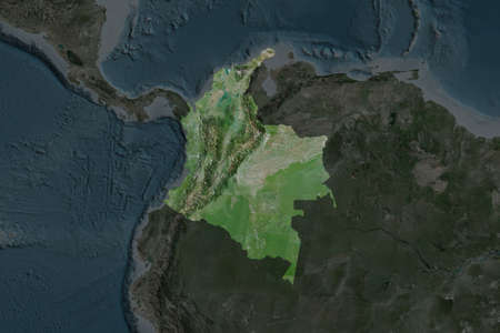 Shape of Colombia separated by the desaturation of neighboring areas. Satellite imagery. 3D renderingの写真素材