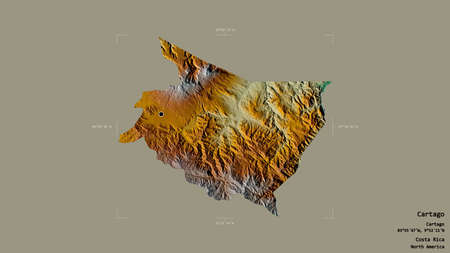Area of Cartago, province of Costa Rica, isolated on a solid background in a georeferenced bounding box. Labels. Topographic relief map. 3D renderingの写真素材