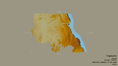 Area of Tanganyika, province of Democratic Republic of the Congo, isolated on a solid background in a georeferenced bounding box. Labels. Topographic relief map. 3D renderingの写真素材