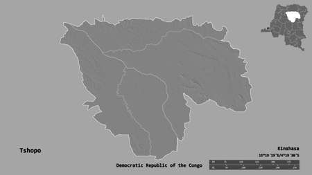 Shape of Tshopo, province of Democratic Republic of the Congo, with its capital isolated on solid background. Distance scale, region preview and labels. Bilevel elevation map. 3D renderingの写真素材