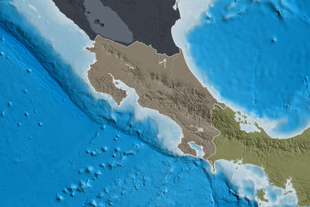Extended area of Costa Rica with country outline, international and regional borders. Colored...