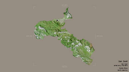 Area of San JosÃ©, province of Costa Rica, isolated on a solid background in a georeferenced bounding box. Labels. Satellite imagery. 3D renderingの写真素材