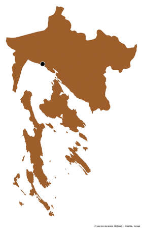 Shape of Primorsko-Goranska, county of Croatia, with its capital isolated on white background. Composition of patterned textures. 3D renderingの写真素材