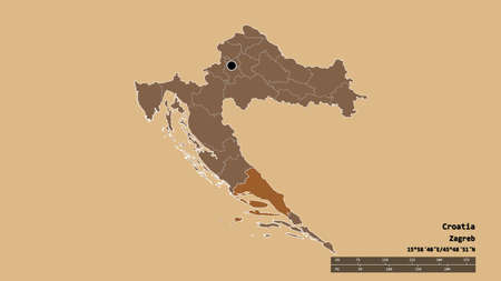 Desaturated shape of Croatia with its capital, main regional division and the separated Splitsko-Dalmatinska area. Labels. Composition of patterned textures. 3D renderingの写真素材