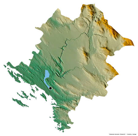 Shape of Å ibensko-Kninska, county of Croatia, with its capital isolated on white background. Topographic relief map. 3D renderingの写真素材