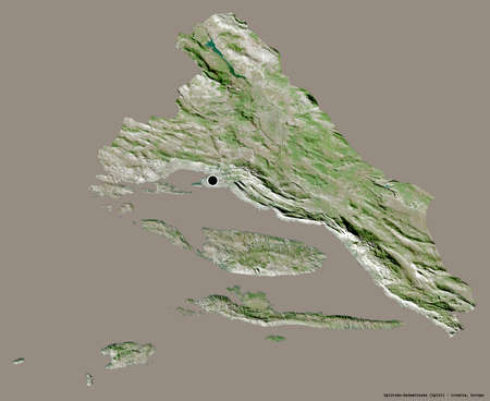 Shape of Splitsko-Dalmatinska, county of Croatia, with its capital isolated on a solid color...