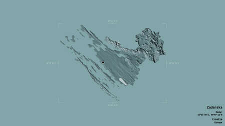 Area of Zadarska, county of Croatia, isolated on a solid background in a georeferenced bounding box. Labels. Colored elevation map. 3D renderingの写真素材