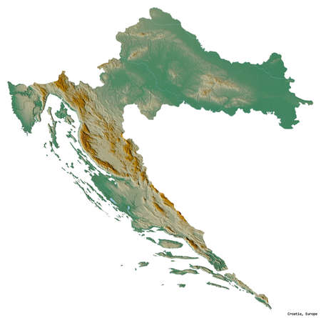 Shape of Croatia with its capital isolated on white background. Topographic relief map. 3D renderingの写真素材