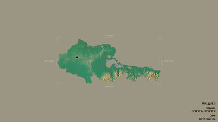 Area of HolguÃ­n, province of Cuba, isolated on a solid background in a georeferenced bounding box. Labels. Topographic relief map. 3D renderingの写真素材