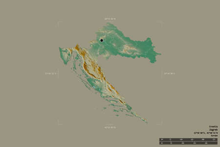 Area of Croatia isolated on a solid background in a georeferenced bounding box. Main regional division, distance scale, labels. Topographic relief map. 3D renderingの写真素材