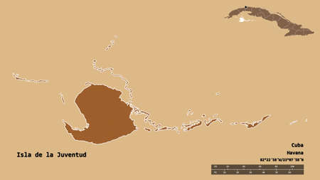 Shape of Isla de la Juventud, province of Cuba, with its capital isolated on solid background. Distance scale, region preview and labels. Composition of patterned textures. 3D renderingの写真素材