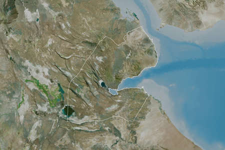 Extended area of Djibouti with country outline, international and regional borders. Satellite imagery. 3D renderingの写真素材